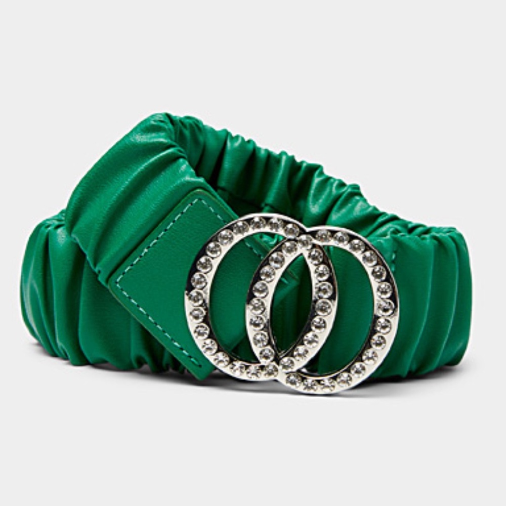 Sparkly green crystal buckle ruched elastic faux leather belt NWT